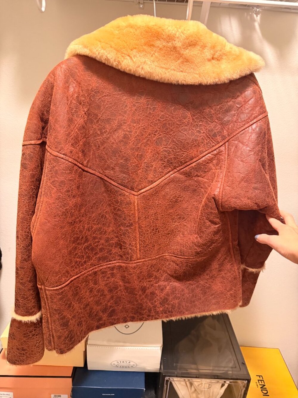 SANDRO Paris Womens Shearling Marron Leather Fur Jacket Burgandy - Picture 6 of 6